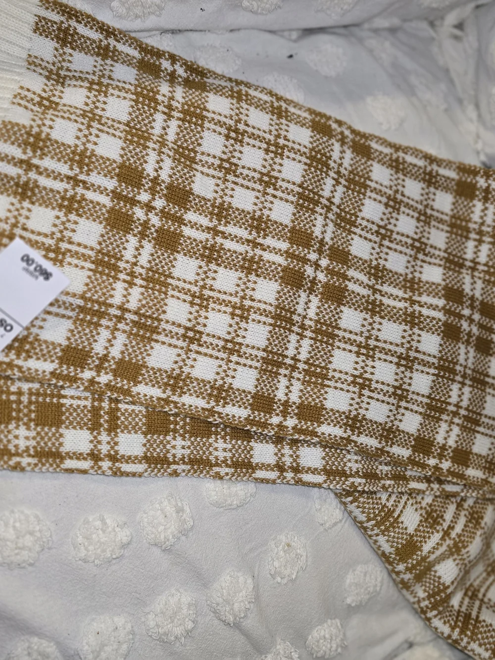 Timberland White and Mustard Plaid Knit Scarf